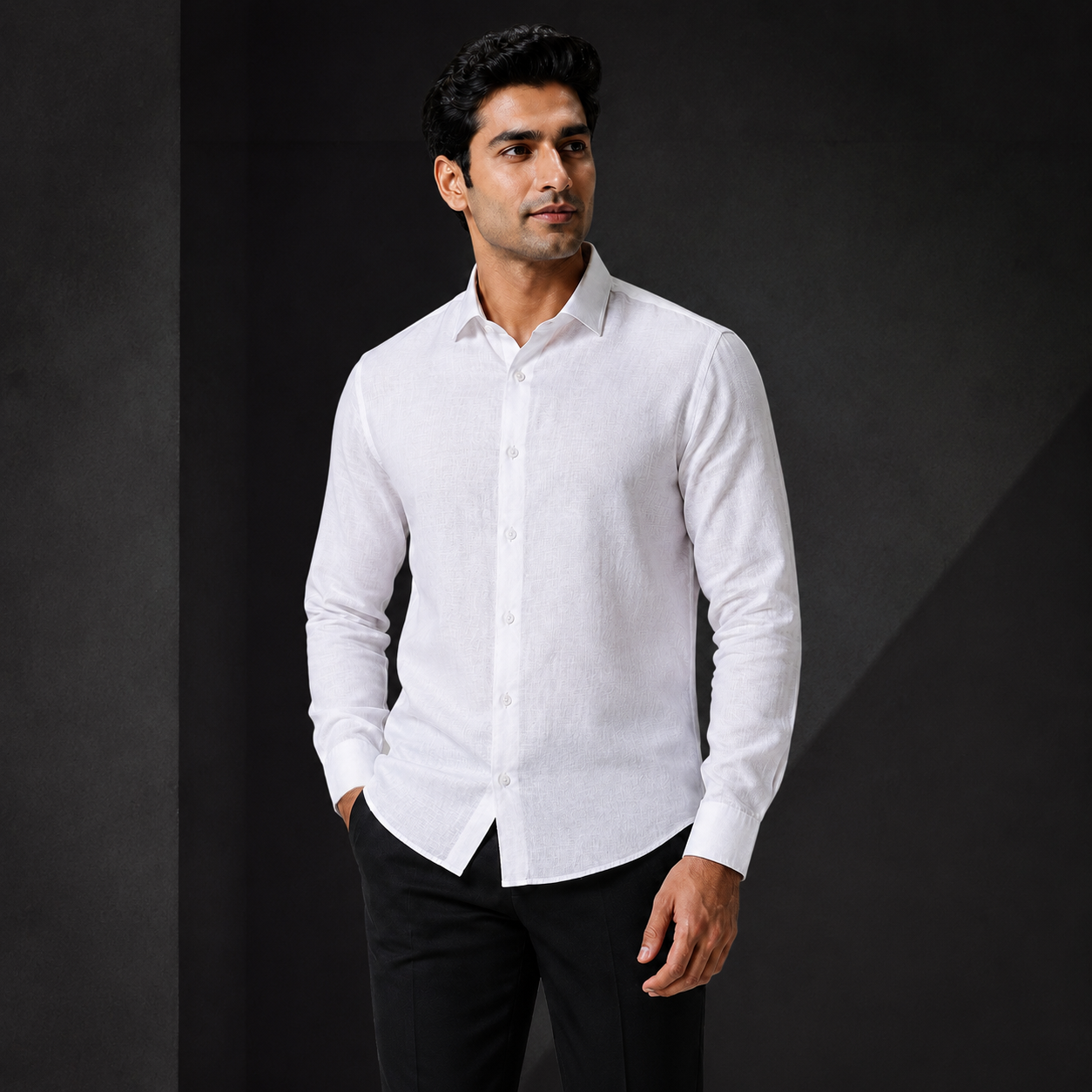 Linen textured pure white shirt for men - full sleeve front view